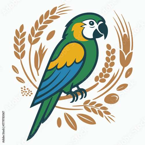 Vibrant green blue and yellow macaw parrot perched amidst wheat stalks and grains