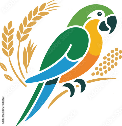 Colorful macaw parrot perched on a branch with wheat stalks and grains