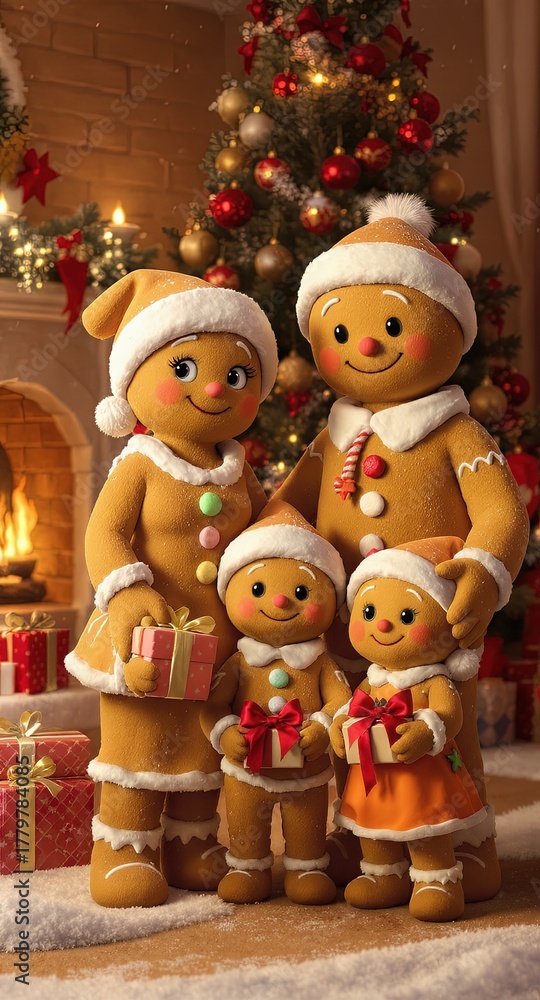 Fototapeta premium Cute modern 3D animation style adorable gingerbread family in a winter seasonal christmas holiday setting.