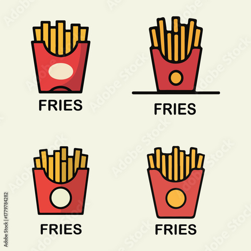 Collection of four stylized red cardboard containers filled with golden french fries
