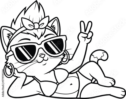 Cartoon cat lounging in bikini with sunglasses, playful summer character illustration, fashionable animal mascot design, vector drawing, flat CAD artwork