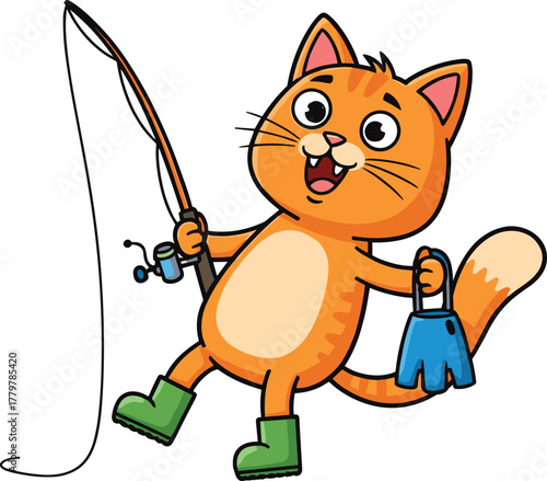 Cartoon orange cat fishing with rod and tackle box, playful animal mascot illustration, outdoor activity design, vector drawing, flat CAD artwork