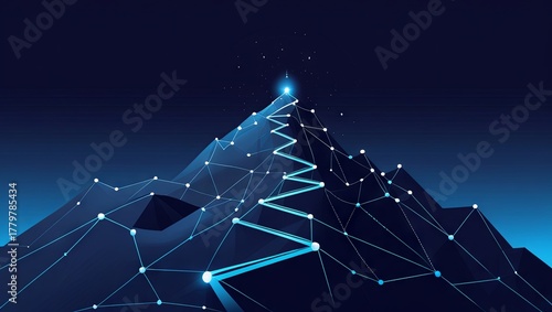 A low-poly wireframe illustration depicting a mountain path toward success, formed with interconnected lines, dots, and triangles against a dark blue background, symbolizing the journey of business gr
