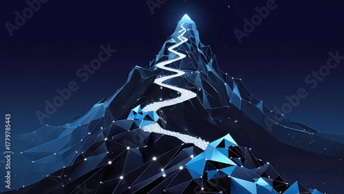 A low-poly wireframe illustration depicting a mountain path toward success, formed with interconnected lines, dots, and triangles against a dark blue background, symbolizing the journey of business gr