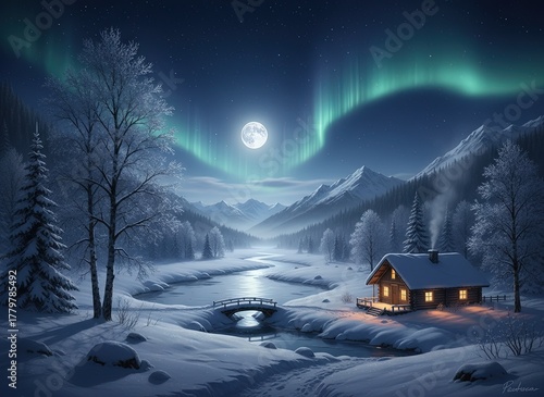 Winter solstice over snowy winter landscape at night with northern lights in sky