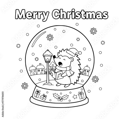 Hedgehog caroling by lamppost inside Christmas snow globe with “Merry Christmas,” cute toddler coloring page Generative AI