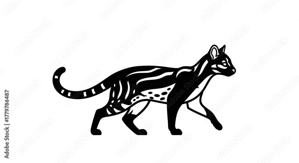 Fototapeta premium Stylized Black and White Illustration of a Walking Wild Cat.
