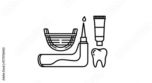 Dental hygiene tools and tooth illustration line art.