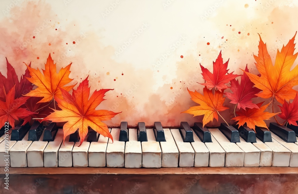 Fototapeta premium Autumn leaves rest on piano keys, painted in watercolor style. Seasonal musical harmony with warm colors inspires creativity and nature beauty.