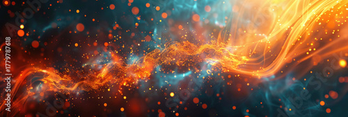 A bright orange nebula with shimmering light streaks and starry particles floating in dark space. banner