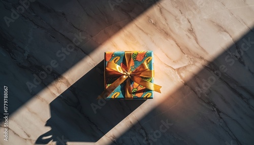 Elegantly wrapped present with ribbon and gift-wrap on marble tabletop