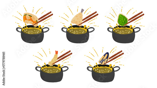 油はねしている揚げ物鍋と海老天ぷら・きす天ぷら・かぼちゃ天ぷら・なす天ぷら・大葉天ぷら　水彩風手描きベクターイラスト