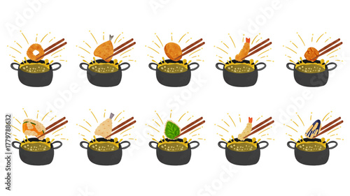 油はねしている揚げ物鍋とフライ天ぷらセット　水彩風手描きベクターイラスト