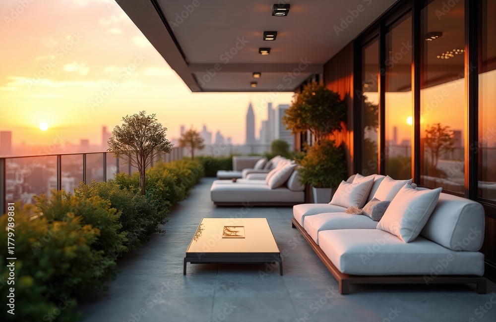 Naklejka premium Modern terrace offers panoramic skyline views at sunset. Luxury apartment patio lounge zone with sofa. Plants add green accent. Urban comfort. Balcony overlooks city during sunset. Upscale home