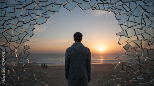 Facing sunset over beach through broken mirror reflection with person standing in front, capturing tranquil moment of nature and introspection.