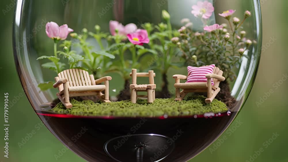 Enchanting miniature garden scene nested inside a glass sphere with tiny wooden furniture