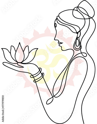 Elegant Continuous Line Drawing of a Woman Holding a Lotus Flower Symbolizing Peace and Spiritual Growth with Sacred Symbol Background minimalistic design black and white illustration