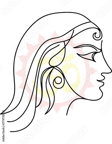 Elegant Female Profile Line Art Illustration for Spiritual and Cultural Designs Promoting Peace and Harmony Featuring Intricate Hair Details and a Minimalist Aesthetic for Artistic Expression