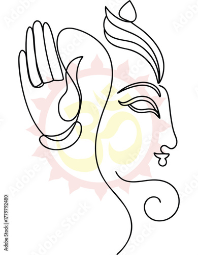 Elegant line art depicting a deity figure with a hand raised in blessing and divine halo promoting peace and spirituality in modern artistic style