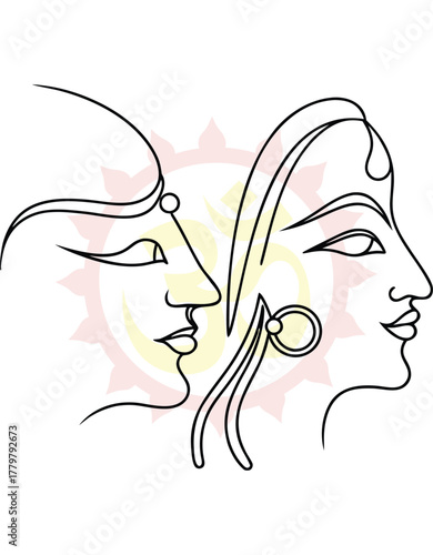 Elegant Line Art Depicting Two Faces in Profile Minimalist Indian Art Style Illustration With Traditional Jewelry and Ornamental Details Celebrating Culture and Spirituality