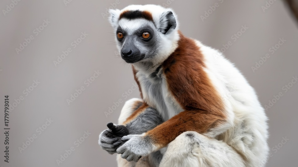 Obraz premium Verreauxs Sifaka lemur sitting a close-up portrait of a primate with distinctive markings isolated against a blurred background