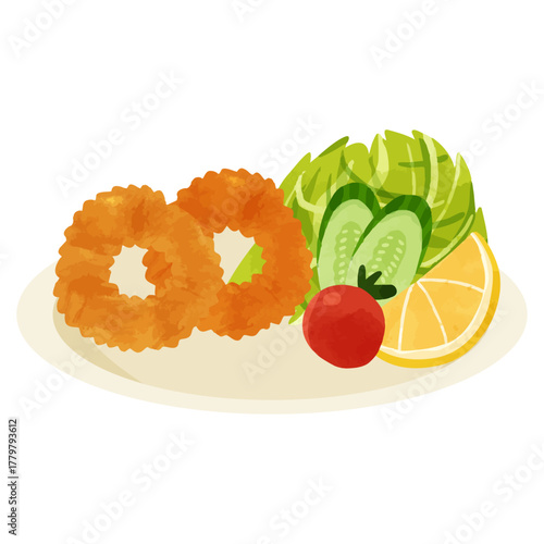 イカリングのプレート　水彩風手描きベクターイラスト