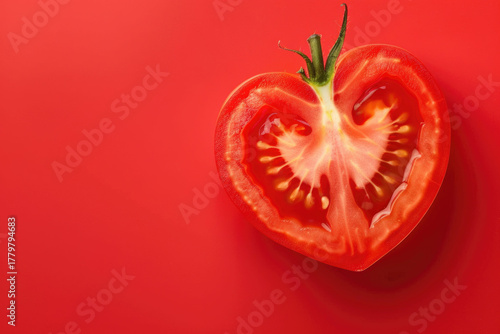 Freshly sliced tomato with vibrant red tones on a bold red background, revealing juicy texture and seeds in a symmetrical cross-section.