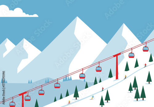 Ski resort landscape with cable cars and skiers on snowy mountains and blue sky