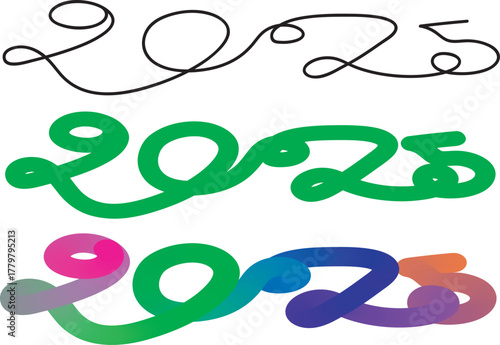 Artistic 2025 year text in three vibrant and colorful designs
