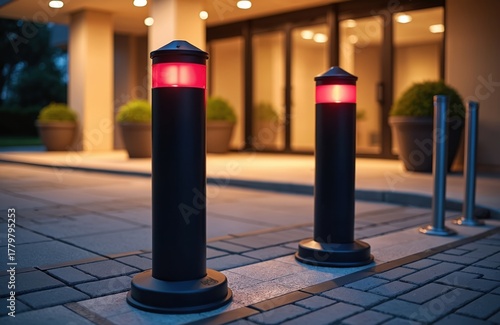 Parking bollards with red light on walkway. Bollards restrict vehicles access to area. Security metal columns on pedestrian zone near building ensure safety in urban space. © Viktor
