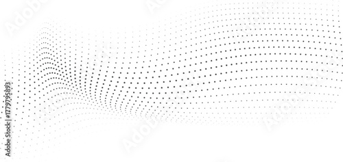 Subtle three dimensional halftone wave, abstract grey dot pattern, modern flowing curve element, minimal monochrome motion graphic, digital sound wave background
