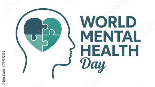 World mental health day concept with a human head profile silhouette containing a heart shaped puzzle symbolizing mental well being and emotional health isolated on transparent background