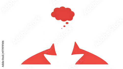 Abstract red abstract shape resembling a thought bubble with a small splatter of dots below and two angular arrow like shapes pointing inwards isolated on transparent background