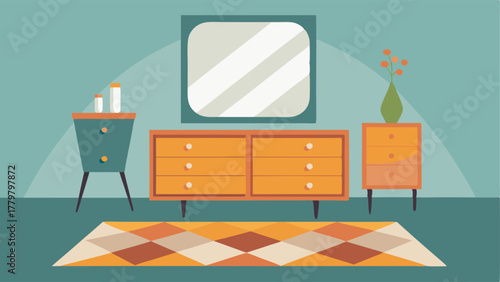 A bedroom with a vintage dresser repurposed as a vanity a modern geometric mirror and a pop of color from a vintage rug.