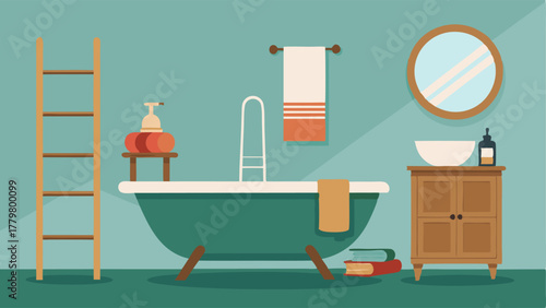 A bathroom featuring a clawfoot tub a farmhousestyle vanity with a metal sink and a wooden ladder used as a towel rack.
