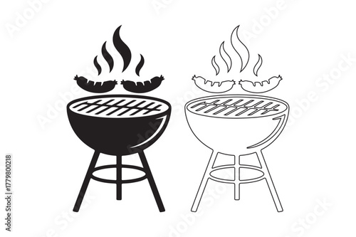 Black and white barbecue grill with sausage and flames