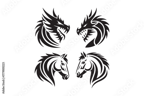 Tribal style dragon and horse heads facing each other