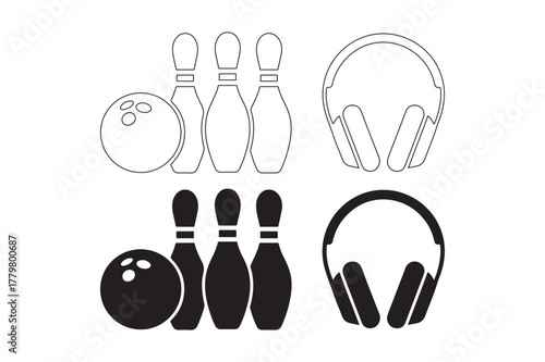 Bowling pins and balls with headphones icon set
