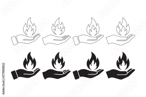 Hands holding fire in sketch and silhouette styles