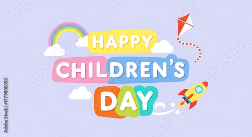 Happy childrens day celebration with rainbow, kite and rocket