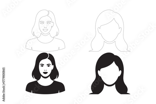 Four stylized black and white portraits of women with different hairstyles and expressions