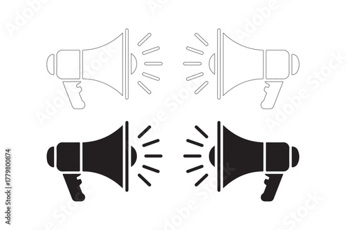 Set of megaphone icons in outline and solid styles