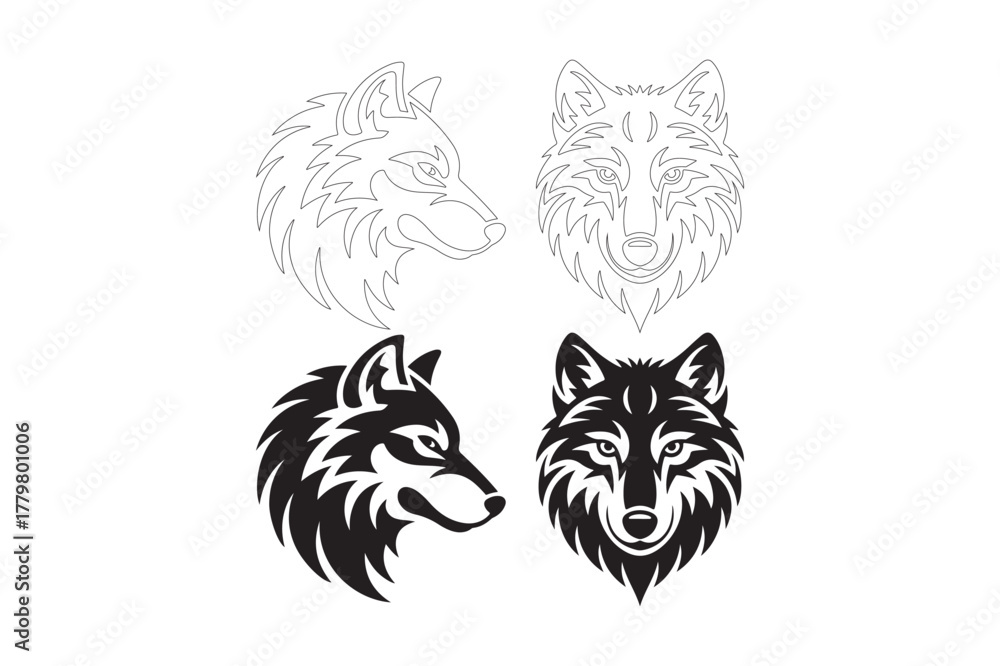 Fototapeta premium Stylized wolf heads and abstract patterns in black and white