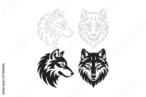 Stylized wolf heads and abstract patterns in black and white