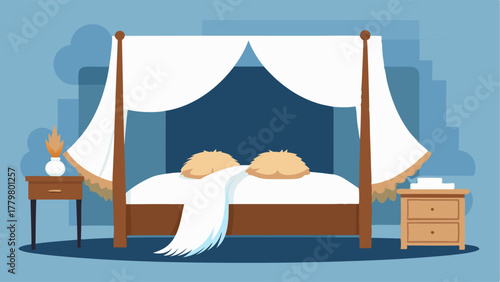 A bedroom featuring a wooden fourposter bed draped in white curtains a cozy knit throw and a plush faux fur rug.