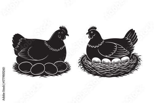 Two black silhouette hens sitting on nests with eggs