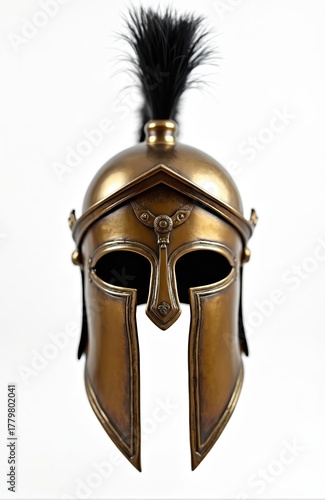 Bronze spartan helmet with black feather plume. Ancient greek warrior headwear for battle protection. Realistic metal replica artifact with historical design.