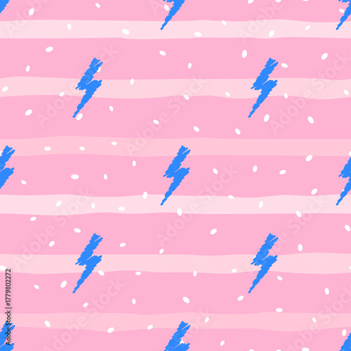 Seamless vector pattern with crayon hand-drawn lightning. Ideal for kids textiles, stationery, gift wrap, and playful packaging.