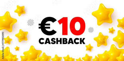 Cashback winner banner with 3d stars. Golden stars banner. 10 Eur cashback. Money back offer sign. Cash back promo symbol. Review rate background. Vector