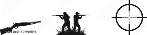 Hunting rifle silhouette, shooter stance, crosshair scope, outdoor grass scene, firearm icon, shooting sport, tactical gear, target aim - flat vector illustration